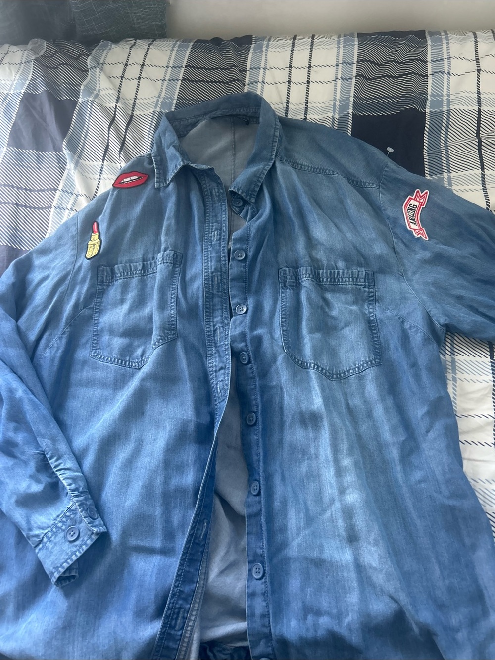 Men's Blue Denim-Look Button-Up Shirt with Patch Details